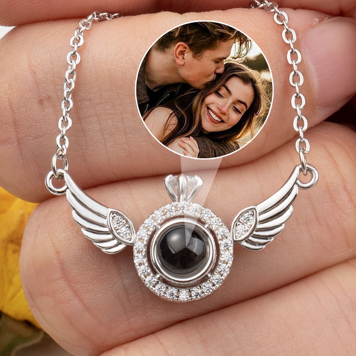 Personalisierte Fotoprojektions-Engelsflügel-Halskette als Valentinstagsgeschenk