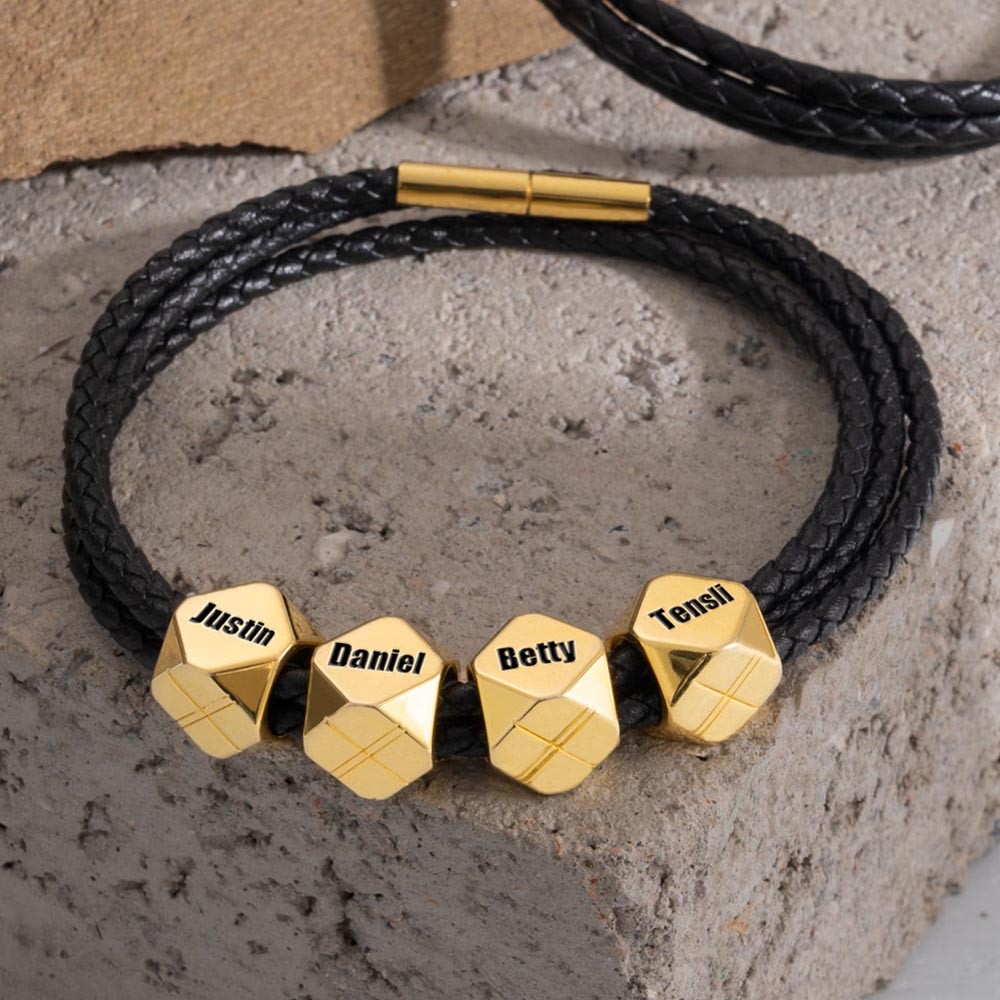 Geflochtenes Herrenarmband mit polyedrischen, personalisierten Namensperlen, Weihnachts- und Geburtstagsgeschenk für Vater, Ehemann, Freund
