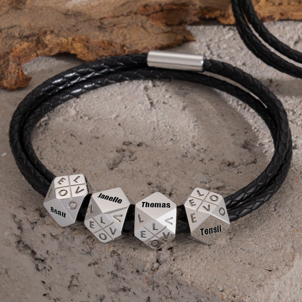 Geflochtenes Herrenarmband mit polyedrischen, personalisierten Namensperlen, Weihnachts- und Geburtstagsgeschenk für Vater, Ehemann, Freund