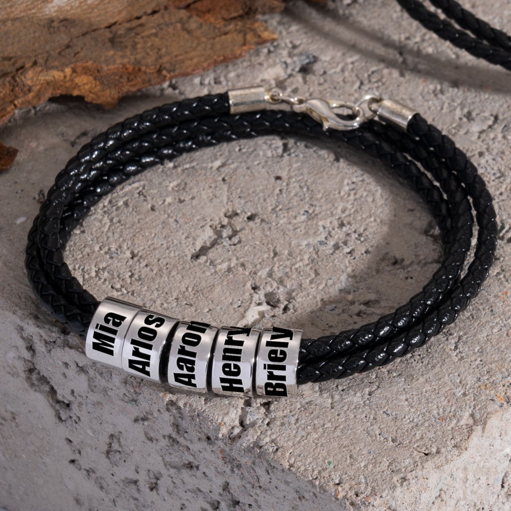 Personalisiertes schwarzes Lederarmband mit kleinen silbernen Perlen,Weihnachts-Geburtstagsgeschenk für Vater,Ehemann,Freund