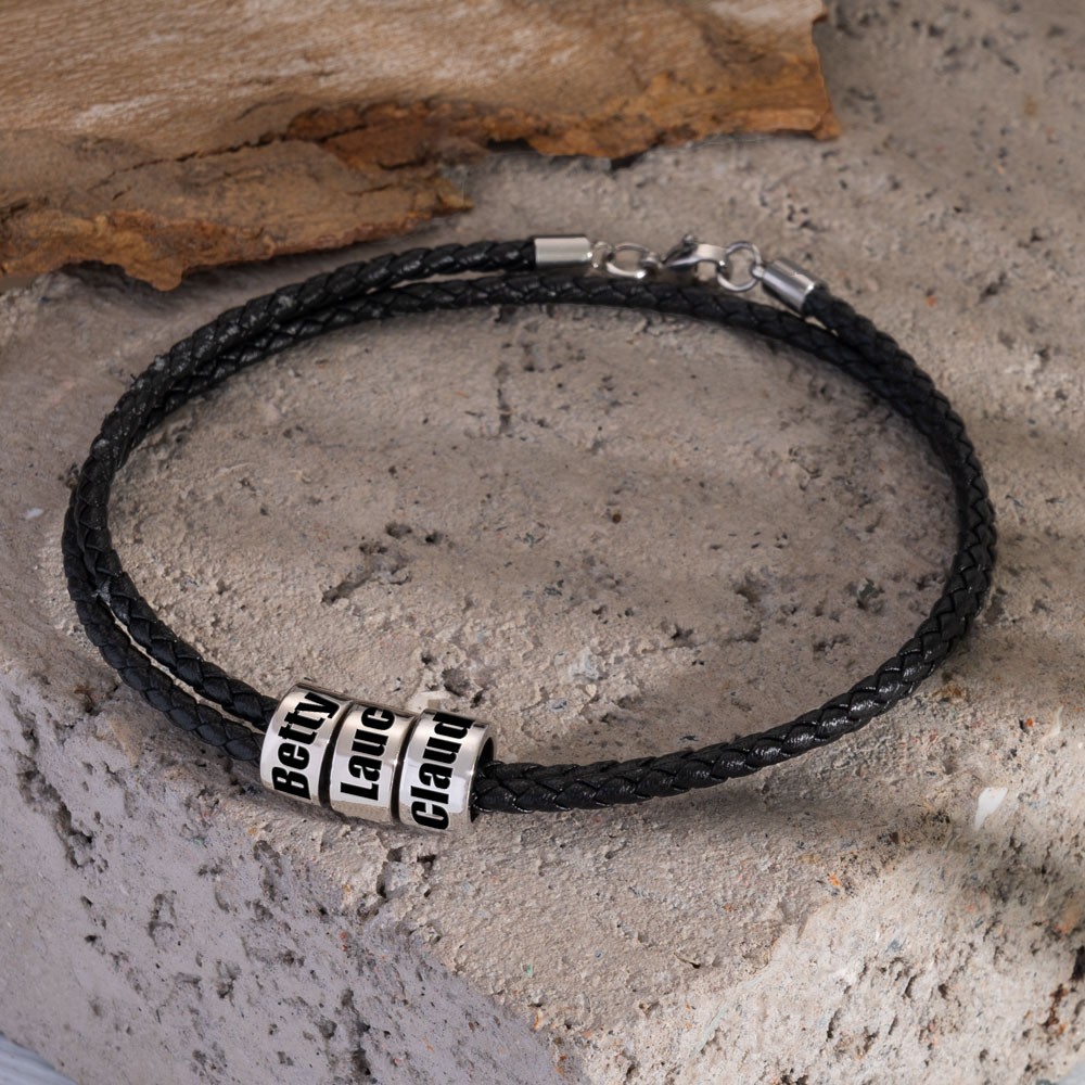 Personalisiertes schwarzes Armband mit silbernen Namensperlen, Weihnachts- und Geburtstagsgeschenk für Vater, Ehemann, Freund