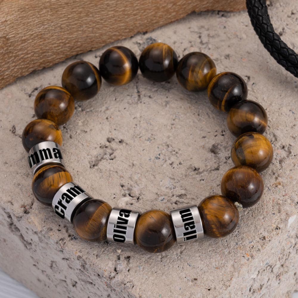 Tigerauge-Heilarmband mit individuellen Namensperlen, Weihnachts- und Geburtstagsgeschenk für Vater, Ehemann, Freund