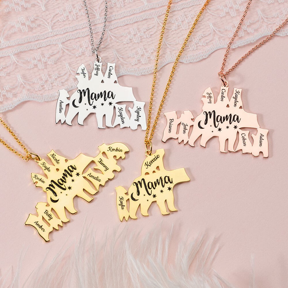 Personalisierte Mama Bär Halskette 1-8 Namen für Muttertagsgeschenke
