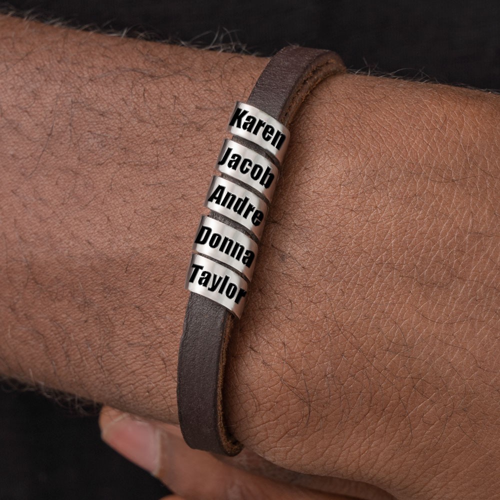 Herren-Lederarmband mit personalisierten Perlen mit Gravur, Weihnachtsgeschenk, Geburtstagsgeschenk für Vater, Ehemann, Freund