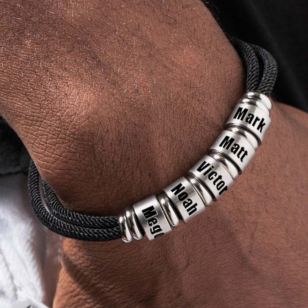 Verstellbares Armband aus schwarzer Kordel für Herren mit personalisierten Perlen, Weihnachts- und Geburtstagsgeschenk für Vater, Ehemann, Freund