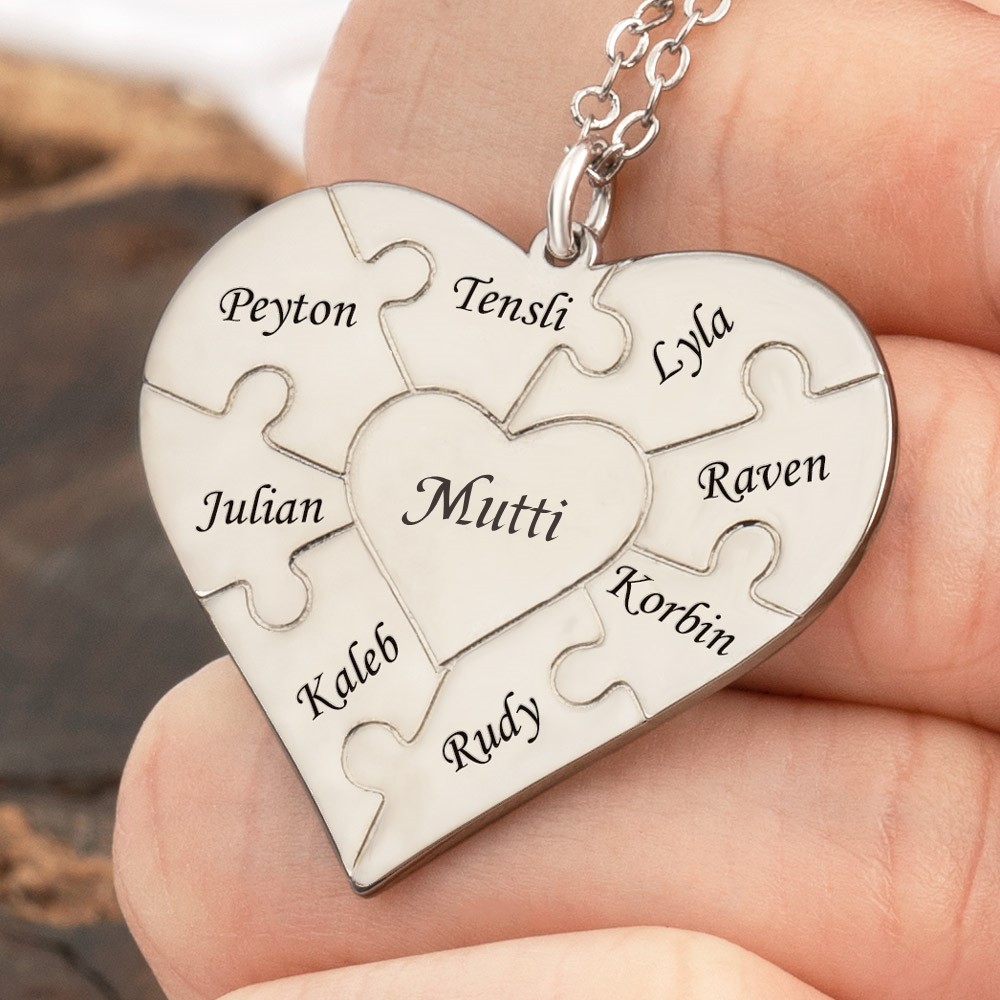 Personalisierte Herz-Puzzle-Halskette mit 1–12 Namen