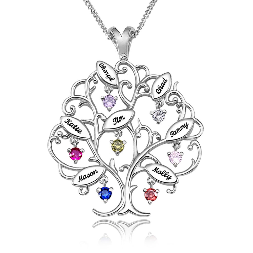 Personalisierte Stammbaum-Halskette im Baum-Design mit 1-7 Namen und Geburtssteinen
