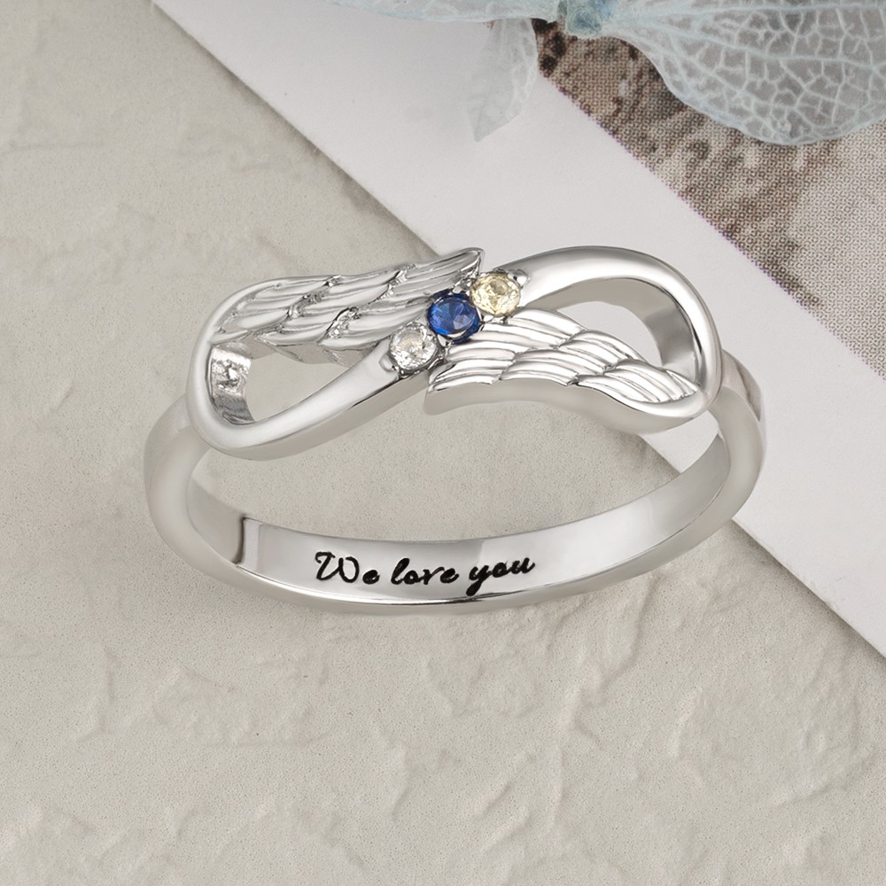 S925 Sterling Silber Engelsflügel Infinity Ring mit Geburtssteinen