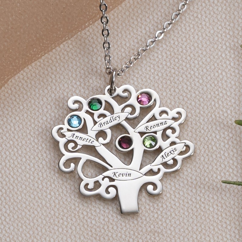 Personalisierte Familienkette im Baum-Design mit 1-6 Namen und Geburtssteinen