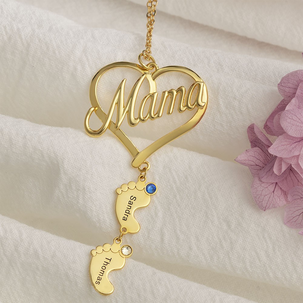 Personalisierte Mama Herz Baby Füße Anhänger Geburtsstein Namenskette mit 1-10 Charms