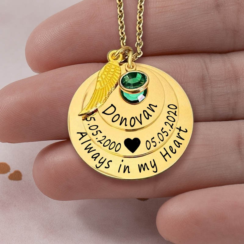 Personalisierte gravierte Always in my Heart Memorial Goldkette mit Geburtsstein