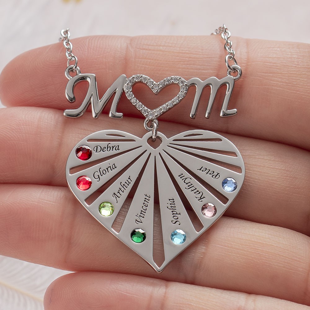 Personalisierte 1-8 Gravur Familienname Mama Herz Halskette mit Geburtsstein Weihnachtsgeschenk