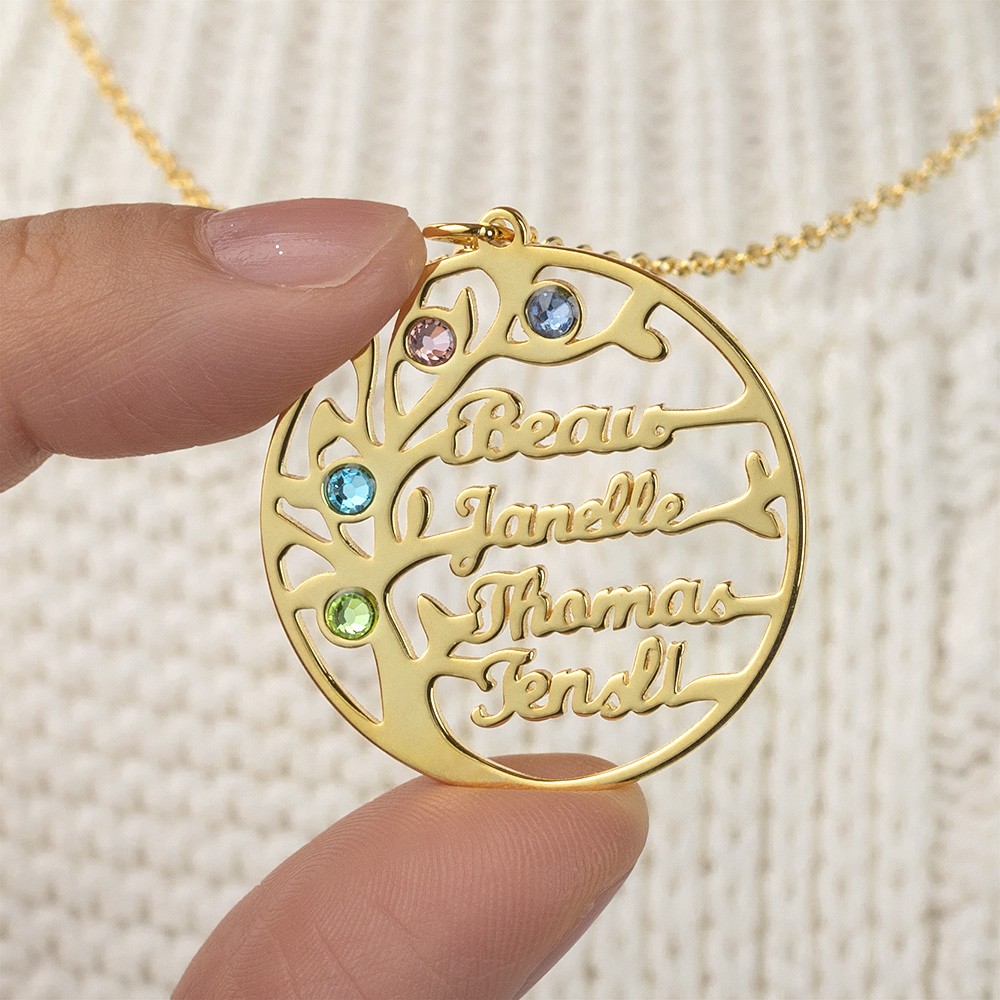 Personalisierte Stammbaum-Namenskette im Baum-Design mit Geburtsstein
