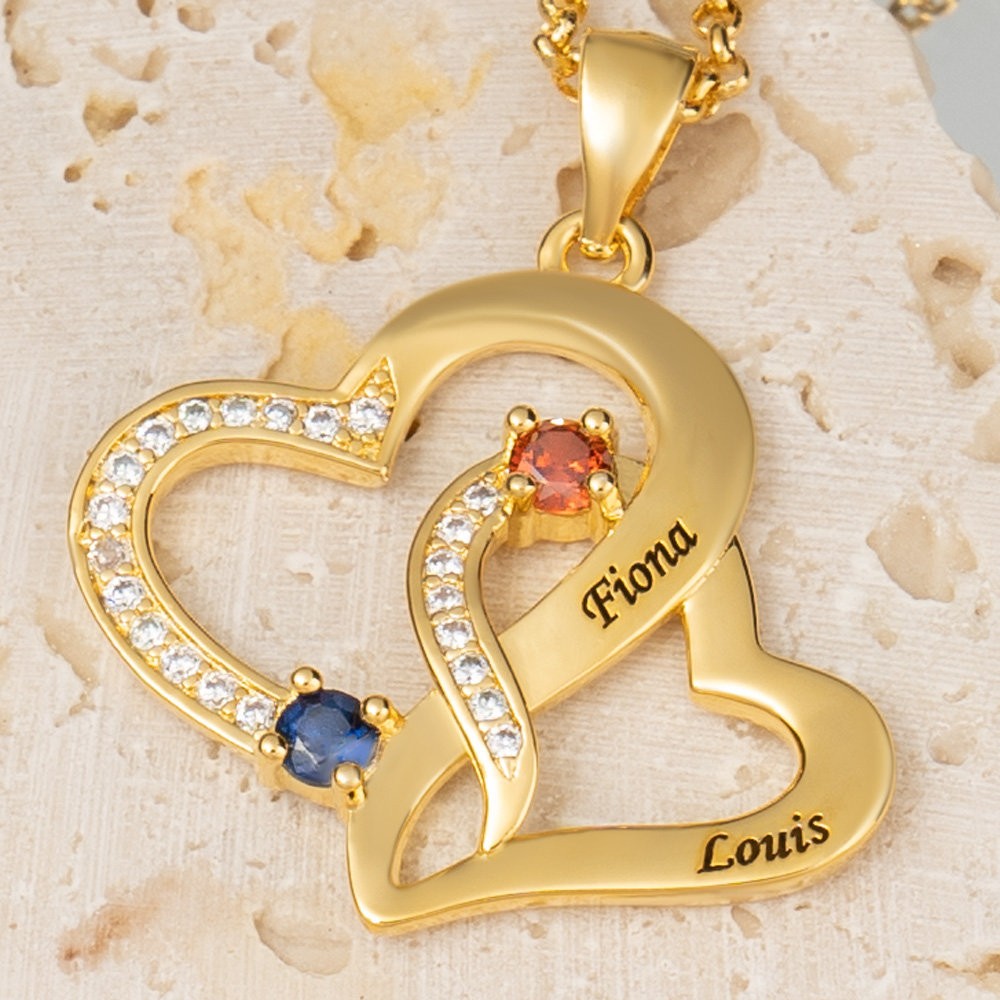 Personalisierte Herzkette mit 2 Namen und Geburtsstein zum Valentinstag