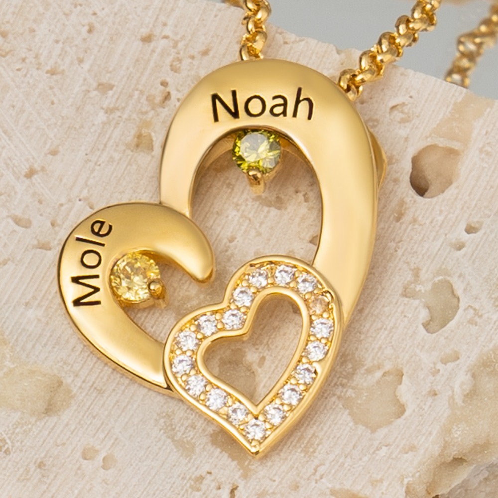 Personalisierte Herzketten mit 2 Vornamen und Geburtsstein als Geschenk zum Valentinstag
