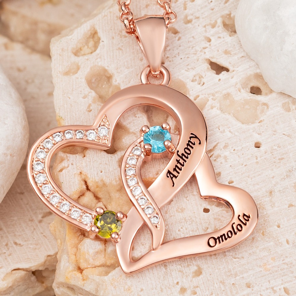 Personalisierte Herzkette mit 2 Namen und Geburtsstein zum Valentinstag