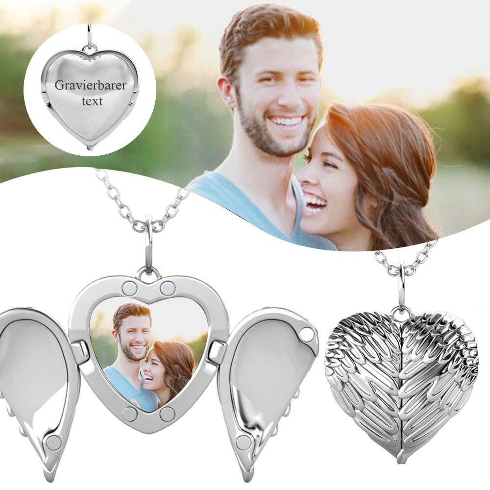 Personalisierte Engelsflügel Herz Foto Medaillon Halskette