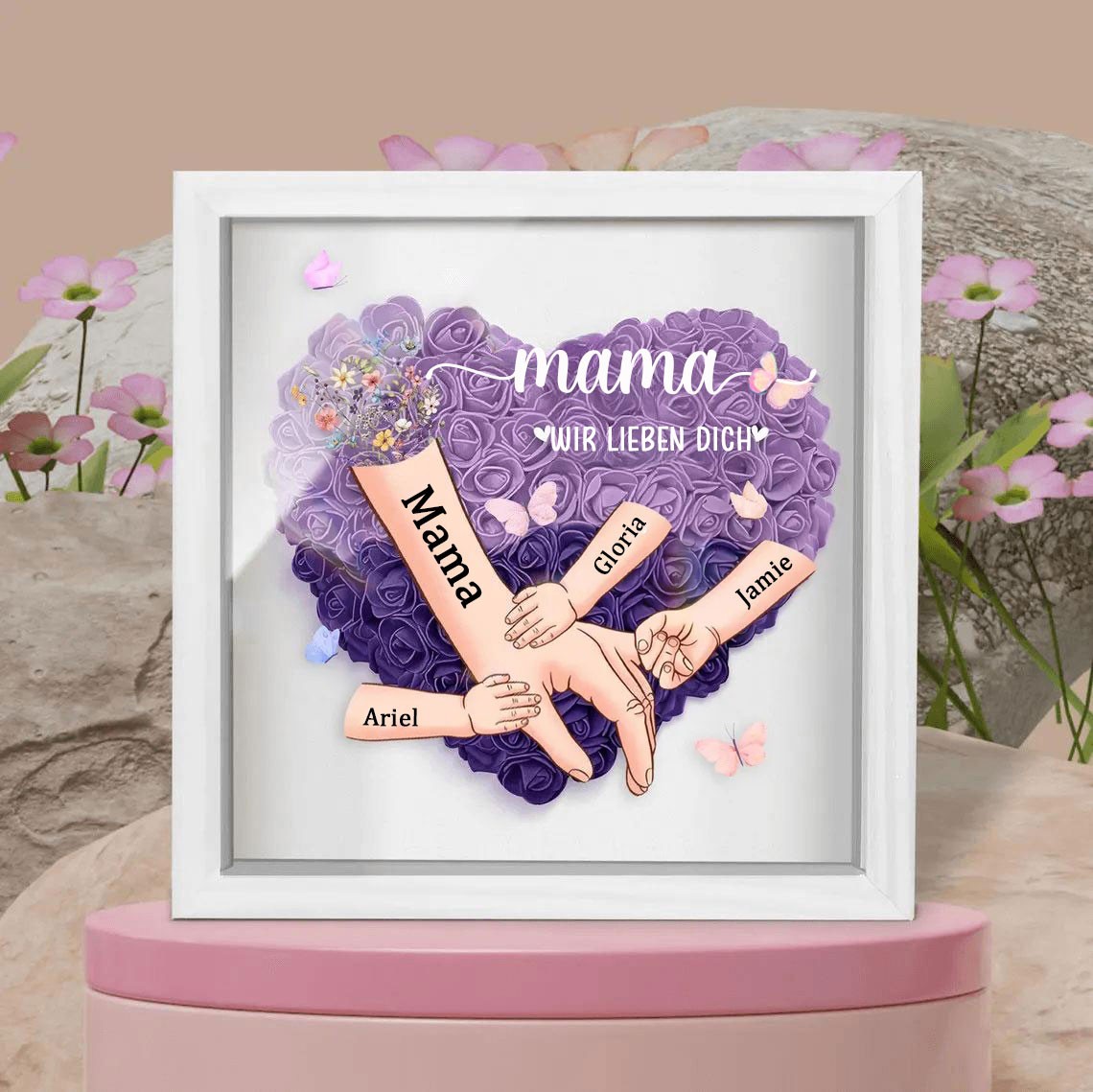 Personalisierte Blume Hand in Hand Mama Schattenbox mit Kindern Namen für Muttertag Geschenk