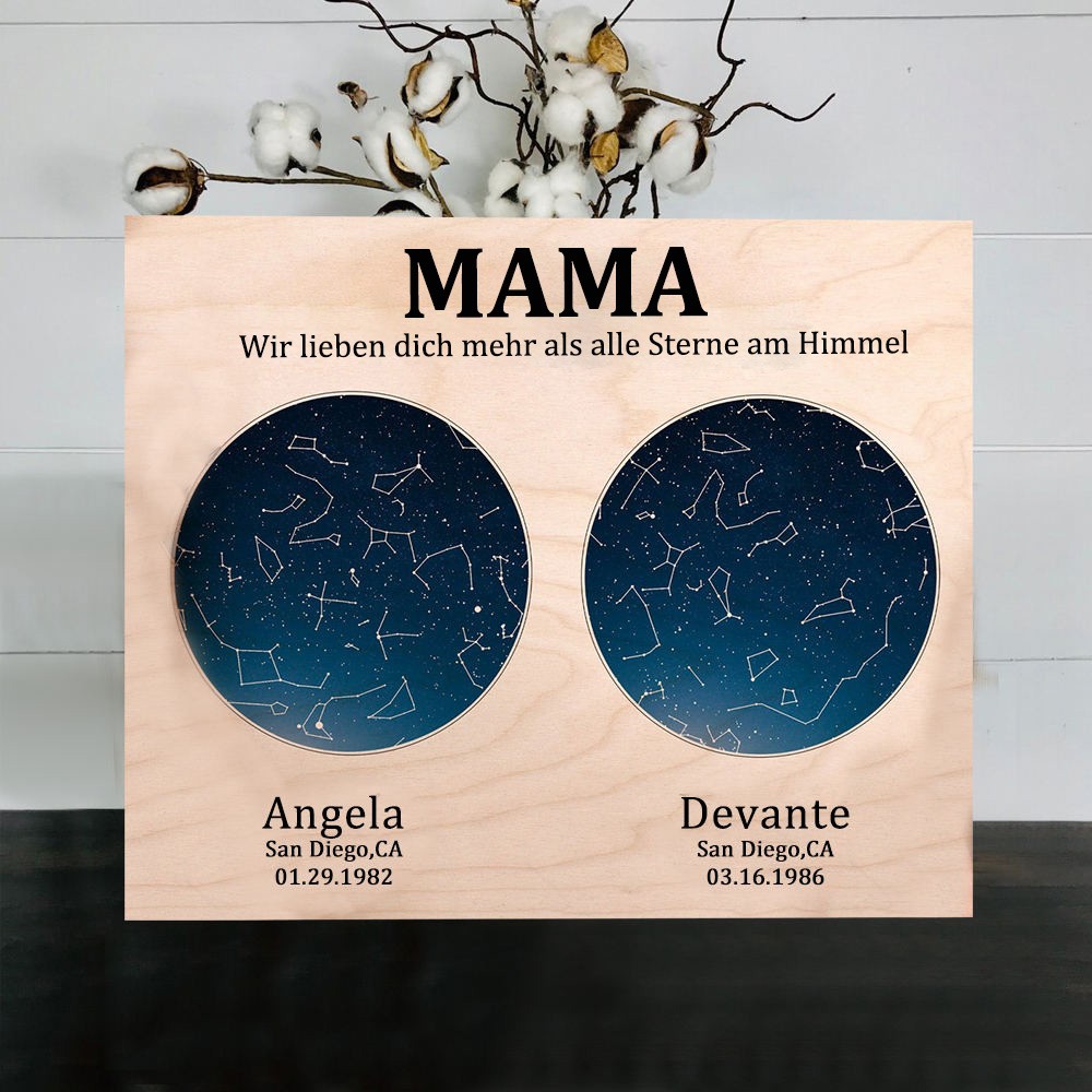 Individueller Sternkarte von Datum Nachthimmel Konstellation Holz Zeichen für Mama Oma Muttertag Geschenk