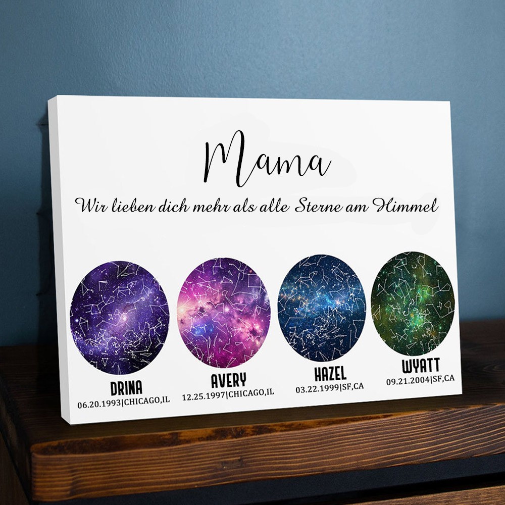 Personalisierte Sternkarte von Datum Nachthimmel Konstellation Wandkunst Holz Zeichen für Mama Muttertag