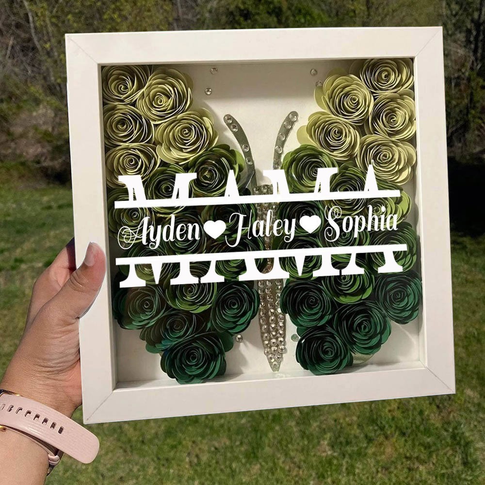 Personalisierte Mama Schmetterling Blume Schatten Box mit Kindern Namen für Muttertag