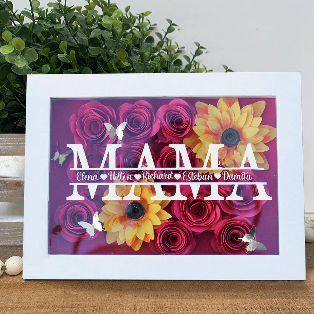 Personalisierte Mama Blume Schatten Box mit Kindern Namen für Muttertag
