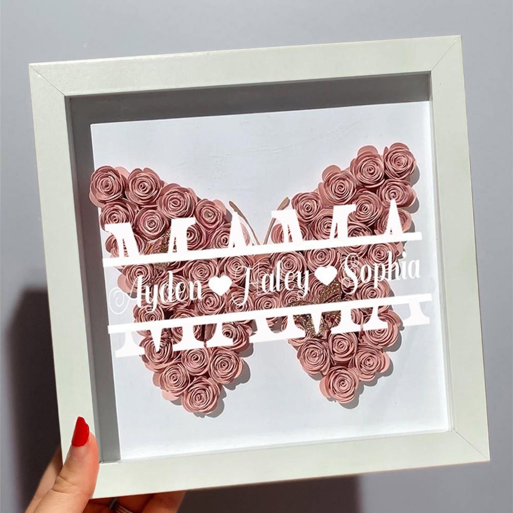 Personalisierte Mama Schmetterling Blume Schatten Box mit Kindern Namen für Muttertag