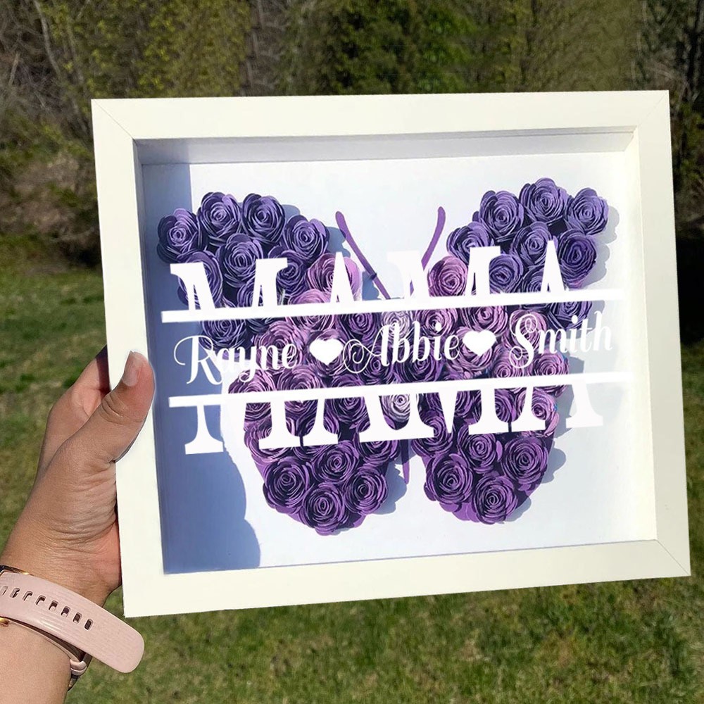 Personalisierte Mama Schmetterling Blume Schatten Box mit Kindern Namen für Muttertag