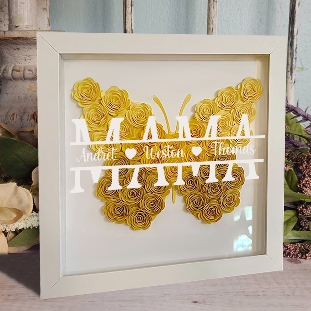 Personalisierte Mama Schmetterling Blume Schatten Box mit Kindern Namen für Muttertag