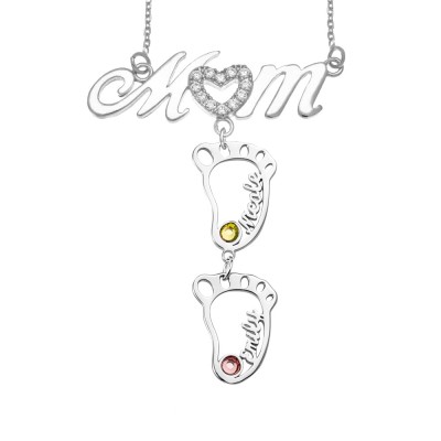 Silberne personalisierte 1-10 hohle BabyFeet Name Mama Halskette mit Geburtssteinen