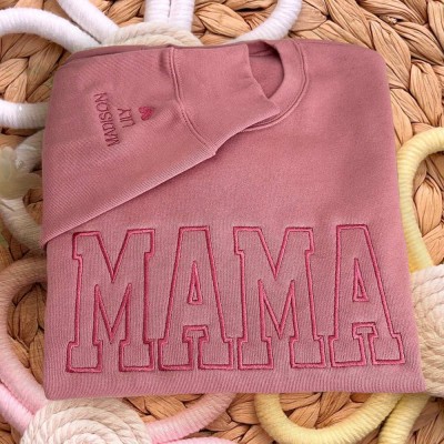 Benutzerdefinierte bestickte Mama Sweatshirt mit Kindernamen auf Ärmel für Mama Oma Muttertag Geschenk