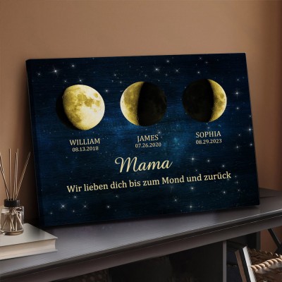 Benutzerdefinierte Mama Galaxy Mondphase drucken Rahmen mit Kindernamen und Daten für Muttertag Geschenke