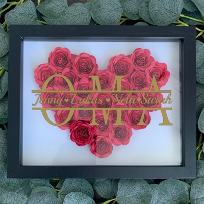 Personalisierte herzförmige Blumen-Schattenbox mit Kindernamen für Oma