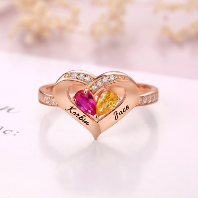 S925 Sterling Silber personalisierter Geburtsstein Paar 2 Namen Ring für Sie