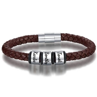 Personalisierte 1-10 Perlen Gravur Name Braunes Lederarmband Geschenke für Ihn