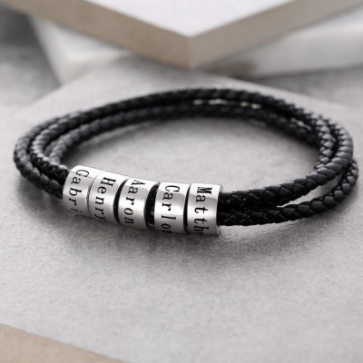 Personalisierte 1-10 Perlen Gravur Name Schwarzes Lederarmband Geschenke für Ihn