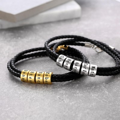 Personalisierte 1-10 Perlen Gravur Name Schwarzes Lederarmband Geschenke für Ihn