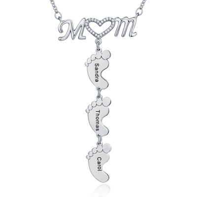 Silberne personalisierte Mama Herz 1-8 Baby Füße Charms gravierte Namenskette
