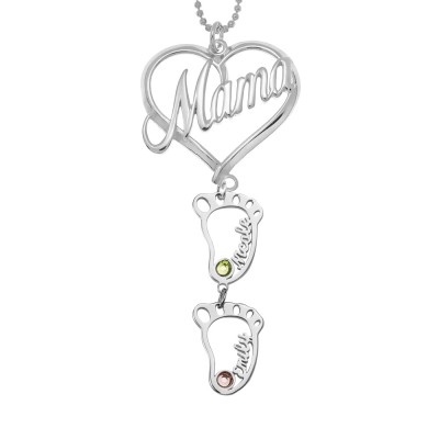 Silberne personalisierte Mama Herz Anhänger Geburtssteine ​​Namenskette mit 1-10 hohlen BabyFeet Charms