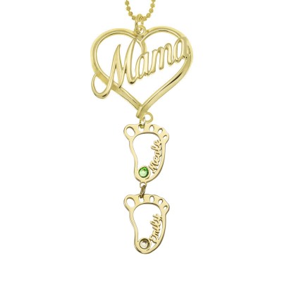Personalisierte Mama Herz Anhänger Geburtssteine ​​Namenskette mit 1-10 hohlen BabyFeet Charms