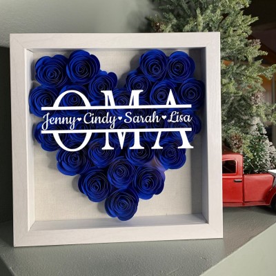 Personalisierte herzförmige Blumen-Schattenbox mit Kindernamen für Oma
