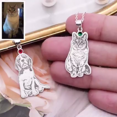 Personalisierte Hund Katzen Fotohalskette mit Geburtsstein