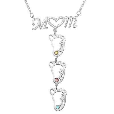 Silberne personalisierte 1-10 hohle BabyFeet Name Mama Halskette mit Geburtssteinen