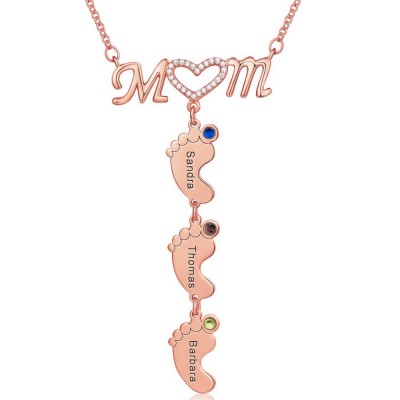 Personalisierte Mama BabyFeet Name Birthstones Halskette mit 1-10 Charms-Anhängern