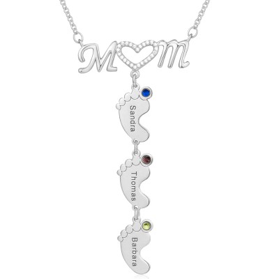 Silberne personalisierte Mama BabyFeet Name Birthstones Halskette mit 1-10 Charms-Anhängern