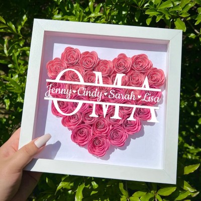 Personalisierte herzförmige Blumen-Schattenbox mit Kindernamen für Oma