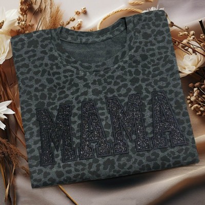 Benutzerdefinierte Gestickten Leopard Mama Shirt für Muttertag Geschenk