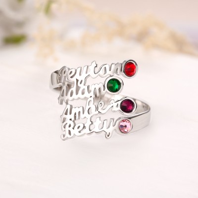 S925 Sterling Silber personalisierter Namensring mit Geburtsstein