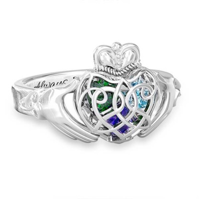S925 Sterling Silber Personalisierter Käfig Herzen Keltischer Claddagh Ring mit 1-6 Geburtssteinen