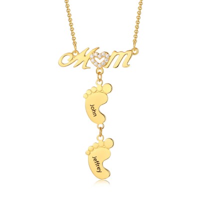 Personalisierte MoM Herz gravierte Namensketten mit 1-10 Baby Feet Charms